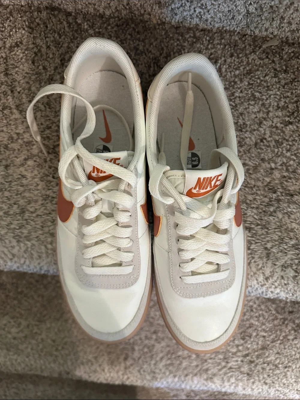 Nike White Leather Low-Top Sneaker with Rust Swoosh